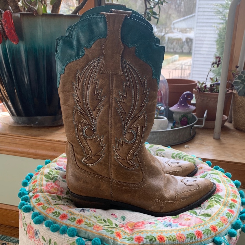 Coconuts by Matisse Brown and Teal Heeled Boots Yee HAW!!!!